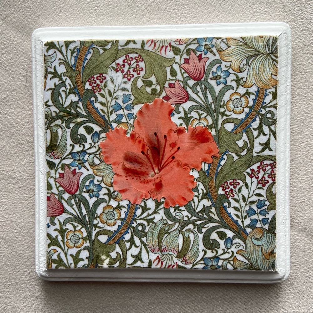 William Morris background with flower handmade decoupage on wood